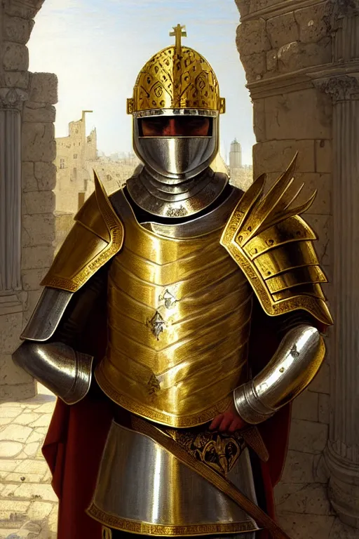 Image similar to man in decorated with gold in baroque style 15 century christian crusader armor, helmet hiding his face and white cape standing at the gates of jerusalem drawn by greg rutkowski realistic high detail