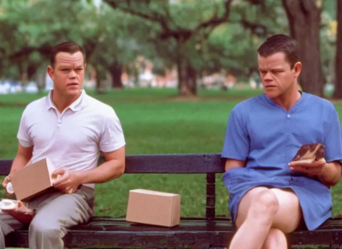 Prompt: film still of matt damon as forrest gump sitting on a bench with a box of chocolates in forrest gump, 4 k