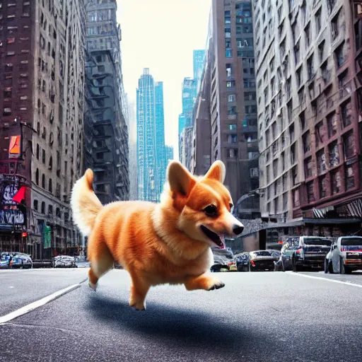 Image similar to 8k highly detailed photograph of a giant 80 foot tall adorable corgi invading New York City. cute destruction