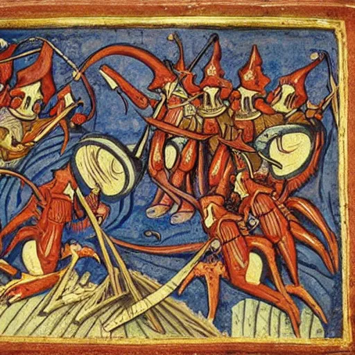 Image similar to medieval european art depicting a giant alien squid attacking a group of knights in a field, very detailed, very intricate,