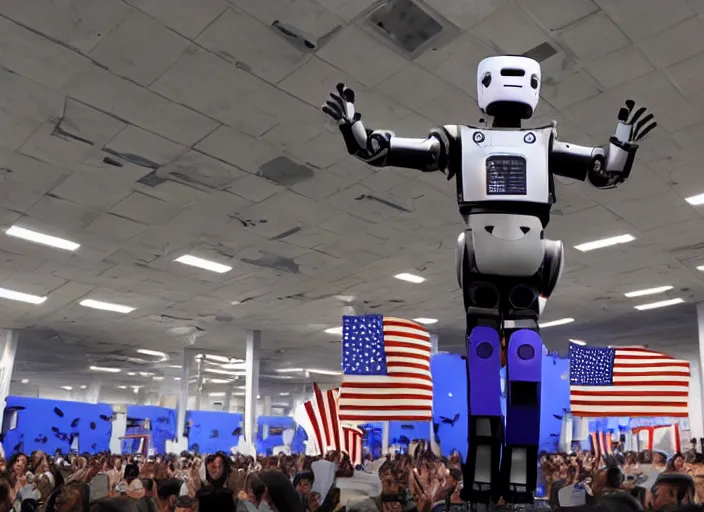 Image similar to dystopian humanoid robot dictator giving a propaganda speech to human like large flags with robot heads on them