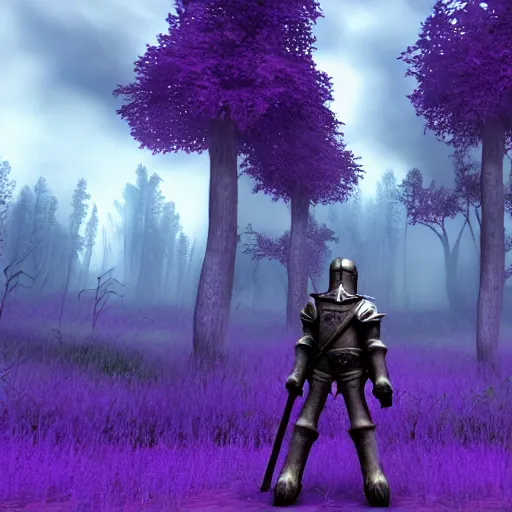 Prompt: render of a short knight standing a poison forest, poison is purple clouds among trees, third person game screenshot 2 0 1 1, ps 3