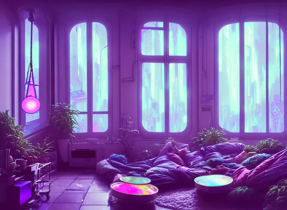 Image similar to telephoto photograph depicting the experience of acceptance in a cosy cluttered french sci - fi ( art nouveau ) cyberpunk apartment in a pastel dreamstate art cinema style. ( iridescent terrarium!, computer screens, window ( city ), leds, lamp, ( ( ( terrarium bed ) ) ) ), ambient light.