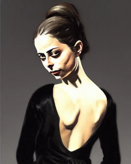 Image similar to style of frederic remington : : gorgeous willa holland : : evil witch, swirling black magic, black dress : : symmetrical face, symmetrical eyes : : full body pose : : gorgeous black hair : : magic lighting, low spacial lighting : :