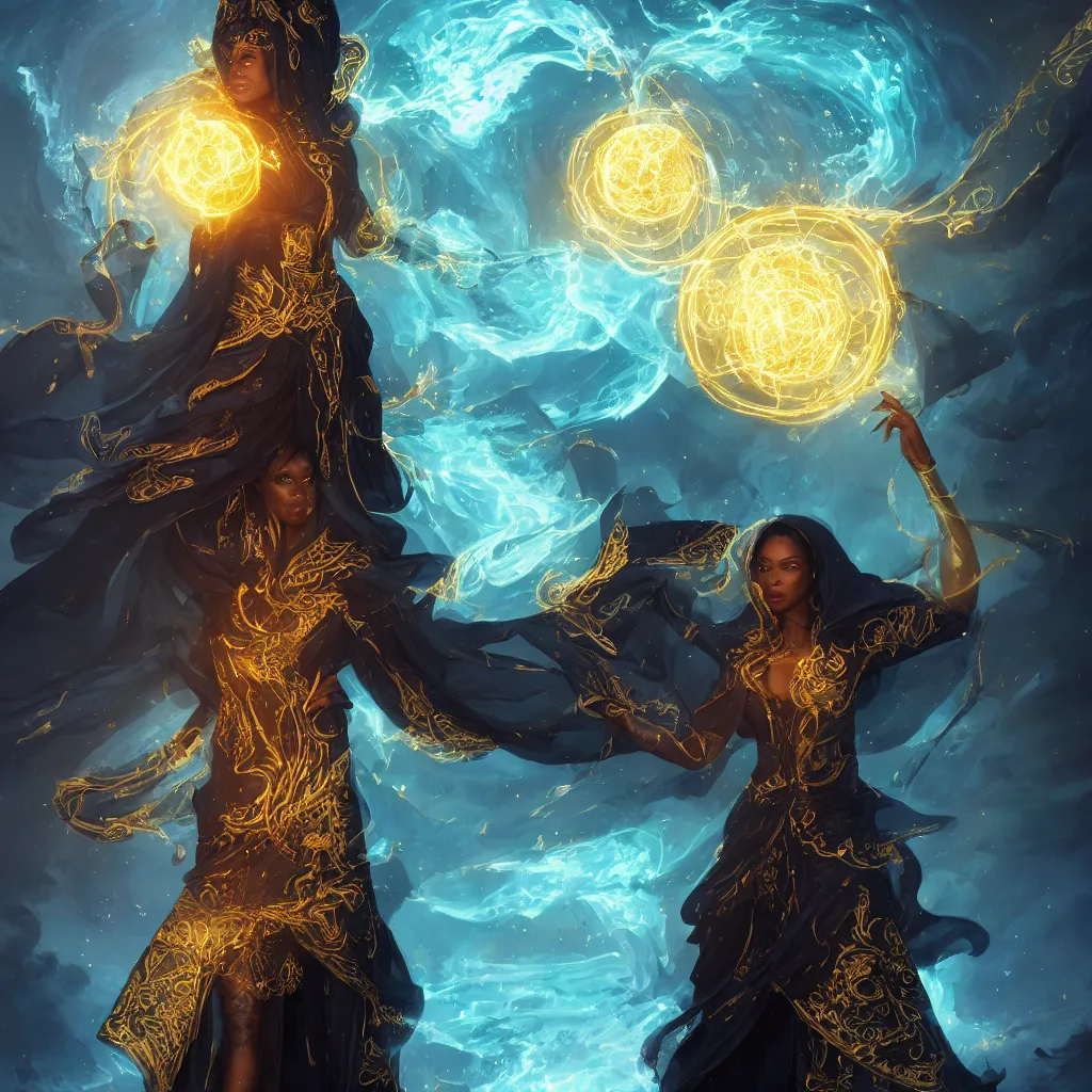 Image similar to gorgeous black woman as a spellcaster mage, dynamic pose full body, hand holding a golden fireball spell, intricate flowing robes, black and golden cloak and hood, Octane render, rule of thirds, golden ratio, 8k, Peter Mohrbacher