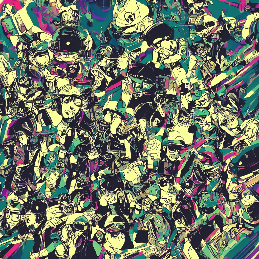 Image similar to people wearing helmets, ryuta ueda artwork, jet set radio artwork, stripes, gloom, space, cel - shaded art style, broken rainbow, data, minimal, speakers, code, cybernetic, dark, eerie, cyber