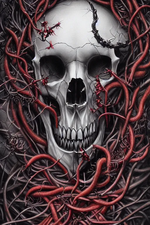 Image similar to realistic portrait beautiful detailed matte painting of cinematic movie scene a wolf skull, tentacles, black and red, thorns, vines, horror, created by gustave dore and greg rutkowski, high detailed, smooth draw, synthwave neon retro, intricate, realistic proportions, dramatic lighting, trending on artstation.