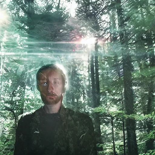 Prompt: thom yorke singer songwriter walking in a forest in a spacesuit, filling up with water, waterline refractions, anamorphic lens flare, beautiful blueish eyes, eyes reflecting into eyes reflecting into infinity, spherical tiny round eye pupils, eyes reflecting into eyes reflecting into infinity, dramatic lighting