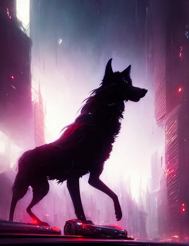 Image similar to beautiful black wolf with long red hair in a futuristic city. character design by cory loftis, fenghua zhong, ryohei hase, ismail inceoglu and ruan jia. artstation, volumetric light, detailed, photorealistic, fantasy, rendered in octane