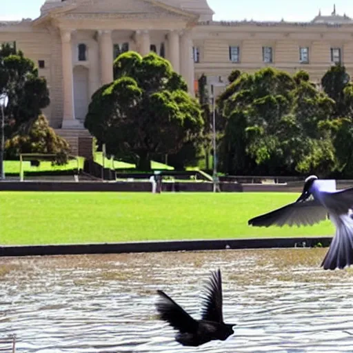 Image similar to shrimp fighting a pigeon in front of Canberra Parliament House