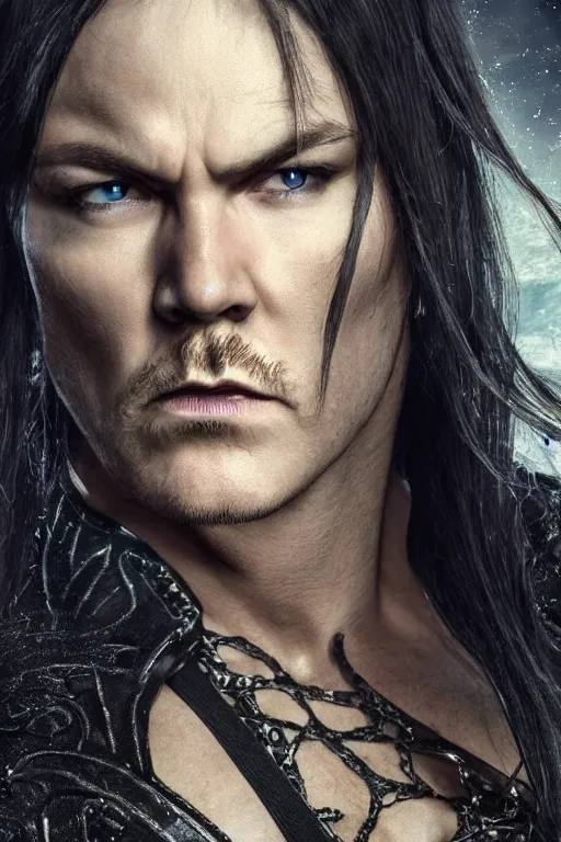 Image similar to nightwish, serene, Male muscled Elven King, short black hair