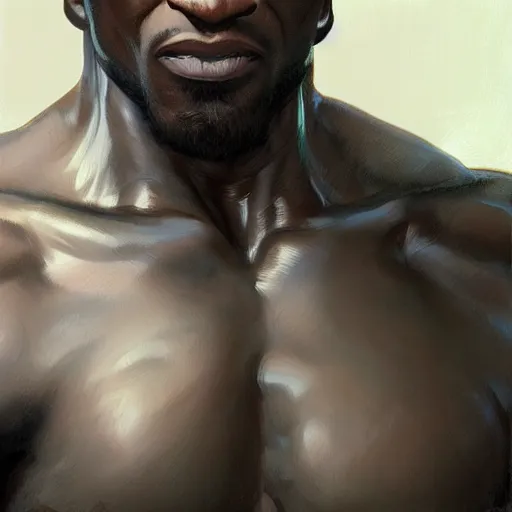 Image similar to wow, fanart hideous muscular black man with white hair and a protruding jaw with visible pectoral muscles, detailed, digital art, artstation, smooth, sharp focus, art by artgerm, greg rutkowski, alphonse mucha