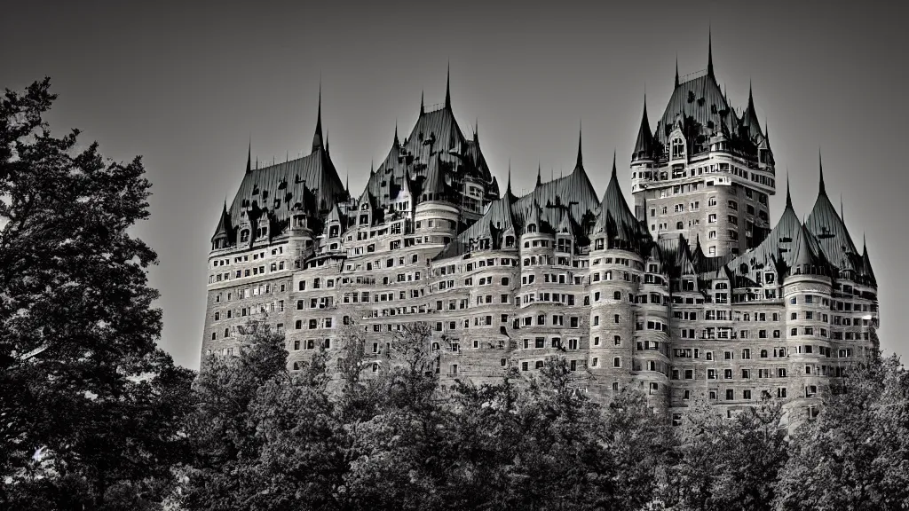 Image similar to Quebec Chateau Frontenac Castle in the style of Scary Stories to tell in the Dark