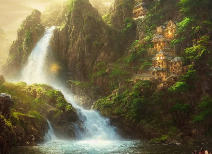 Prompt: a beautiful picture of waterfall in full bloom, rocks, giant palace, giant monk meditate, close up, golden ratio, perfect symmetrical, greg rutkowski, thomas kinkade, artstation