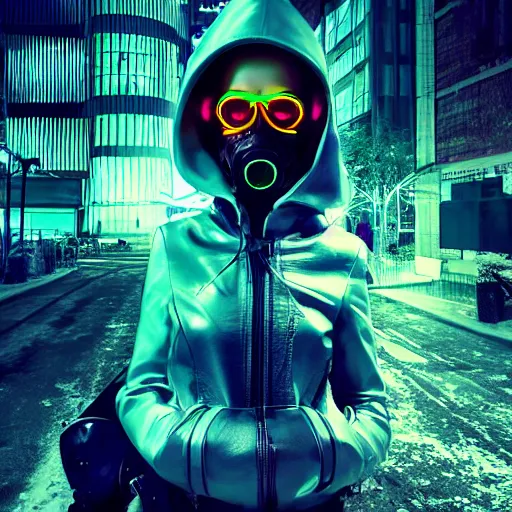 Prompt: Fashionable cyberpunk girl in a leather jacket with a hood wears a gas mask with goggles, filters. Colorful 3d render of a human skull with a cross in the eyes, glowing green wires on the night bokeh in the city.