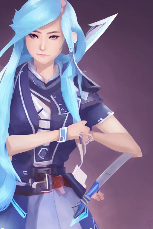 Image similar to a south korean female from paladins, white ponytail hair, she is holding a kunai, wearing light blue jacket, highly detailed digital art, character design, masterpiece