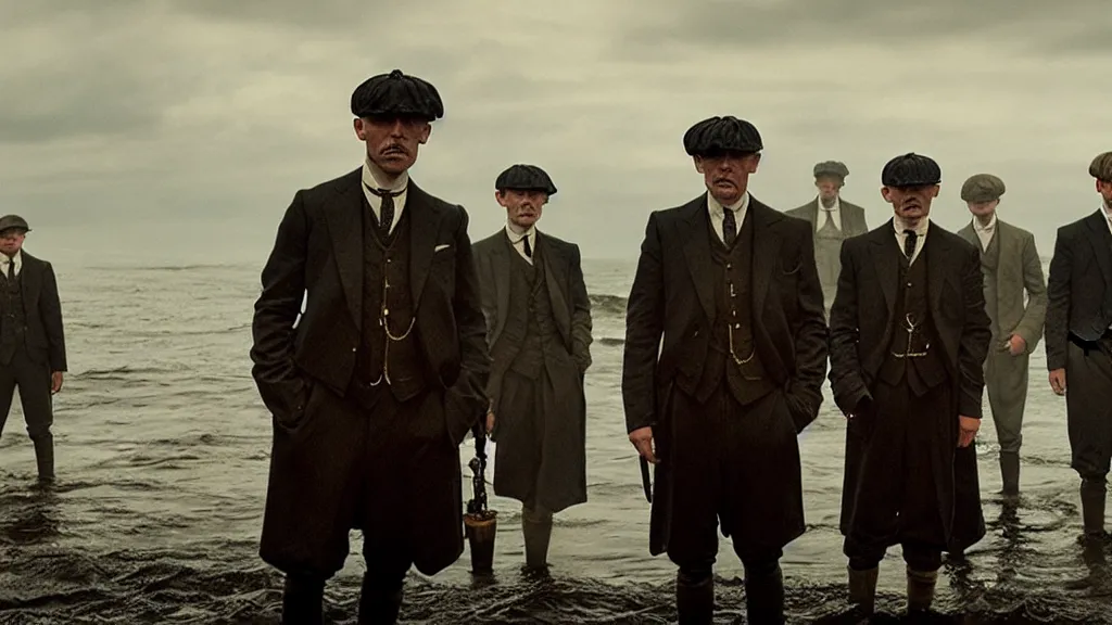 Image similar to the peaky blinders crew with shrimp heads coming out of the ocean film still from the movie directed by denis villeneuve with art direction by zdzis