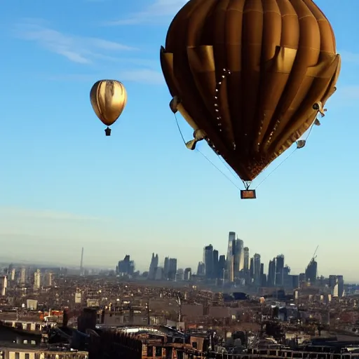 Image similar to Steampunk balloon in the air, flying above the city.