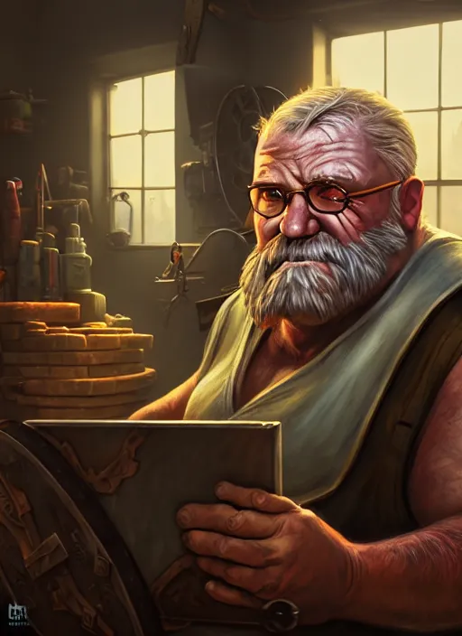 Image similar to An epic fantasy comic book style portrait painting of a an old tinker fat man working on a device in her workshop, unreal 5, DAZ, hyperrealistic, octane render, cosplay, RPG portrait, dynamic lighting