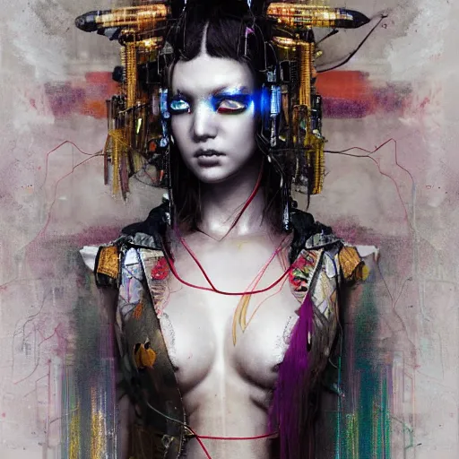 Image similar to cyberpunk geisha warrior by cy Twombly and BASTIEN LECOUFFE DEHARME, iridescent, fractal costume detail, high tech, circuit boards