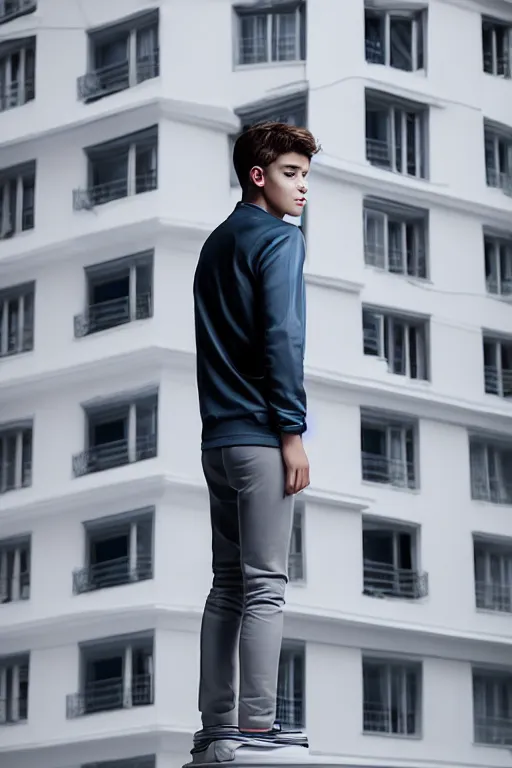 Image similar to un ultra high definition studio quality photographic art portrait of a young man standing on the rooftop of a british apartment building wearing soft padded silver pearlescent clothing. three point light. extremely detailed. golden ratio, ray tracing, volumetric light, shallow depth of field. set dressed.