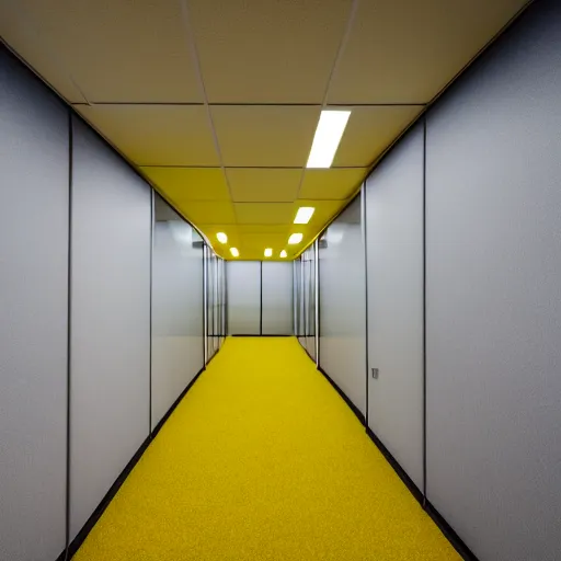 Image similar to a photograph of an emty office with mono yellow walls,brown moist carpet and fluorescent lights,creepy,eerie,4k,real photo,natural lights,mysterious,professional photography,nostalgic,old