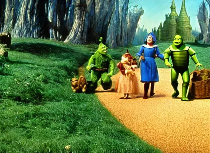 Image similar to a film still of shrek in the wizard of oz ( 1 9 3 9 ), technicolor