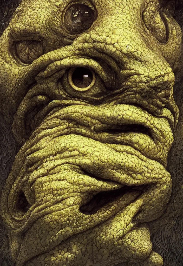 Image similar to rowan atkinson with giant bulging reptile eyes, yellow skin. intricate, elegant, highly detailed, centered, digital painting, artstation, concept art, smooth, sharp focus, illustration, artgerm, tomasz alen kopera, peter mohrbacher, donato giancola, joseph christian leyendecker, wlop, frank frazetta