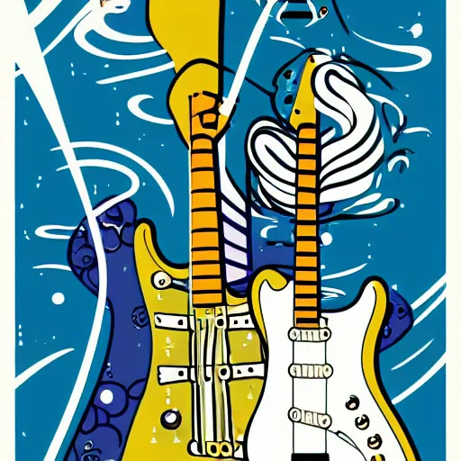 Image similar to illustration in the style of the jetsons of a mermaid playing an stratocaster electric guitar, 3 colour screen print