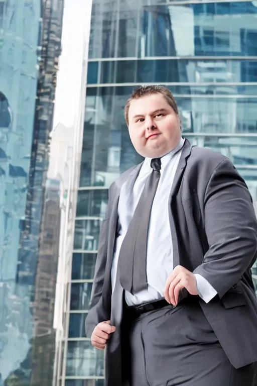 Image similar to fat businessman in front of his business center