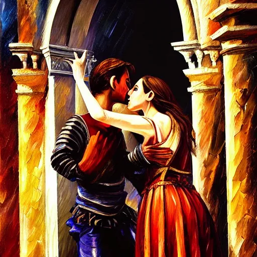 Prompt: highly detailed painting of shakespeare's romeo and juliet in the city of verona, italy. intricate, high quality oil painting artstyle, in the style of leonid afremov, deviantart, figurative art, deviantart, ilya kuvshinov, lovecraftian, very detailed face, portrait