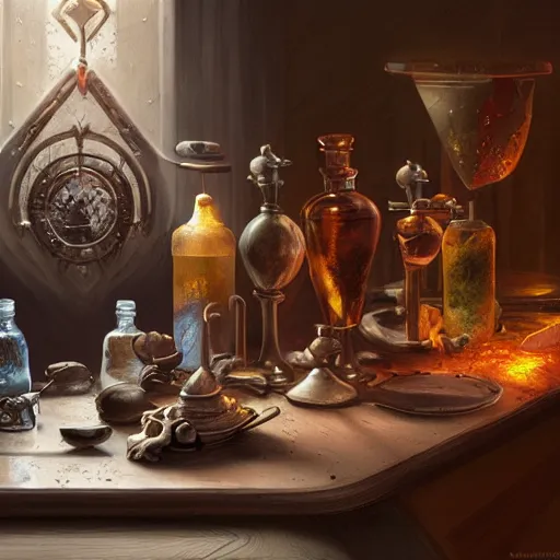 Image similar to hyper real, table, wizards laboratory, lisa parker, tony sart, mortar, pestle, scales with magic powder, energy flowing, magic book, beakers of colored liquid, greg rutkowski