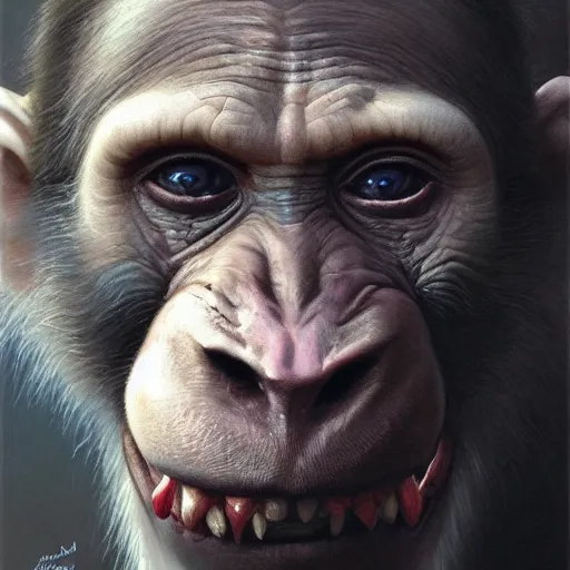 Image similar to a portrait of anthropomorphic vladimir putin similar monkey putin face, vladimir putin transformation monkey anthropomorphic hybrid, macabre, horror, by donato giancola and greg rutkowski and wayne barlow and zdzisław beksinski, realistic face, visible face, digital art, artstation, symmetry