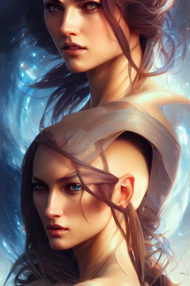 Prompt: futuristic close-up woman portrait, sci-fi, amber eyes, face, long hair, fantasy, intricate, elegant, highly detailed, digital painting, artstation, concept art, smooth, sharp focus, illustration, art by artgerm and greg rutkowski and alphonse mucha