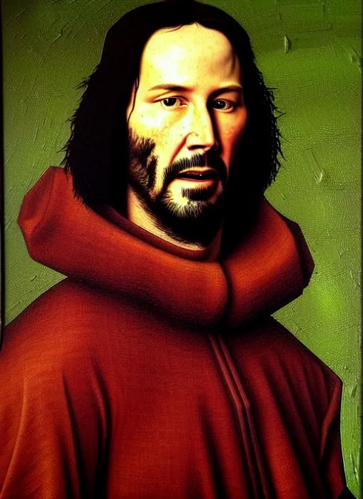 Image similar to portrait of keanu reeves, oil painting by jan van eyck, northern renaissance art, oil on canvas, wet - on - wet technique, realistic, expressive emotions, intricate textures, illusionistic detail