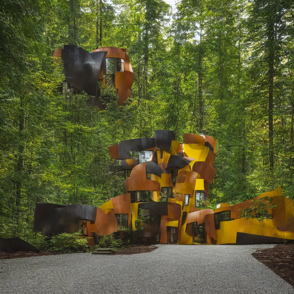 Prompt: a house in a taiga forest, designed by Frank Gehry. Tiles. Gravel pathway with parking. Film grain, cinematic, yellow hue