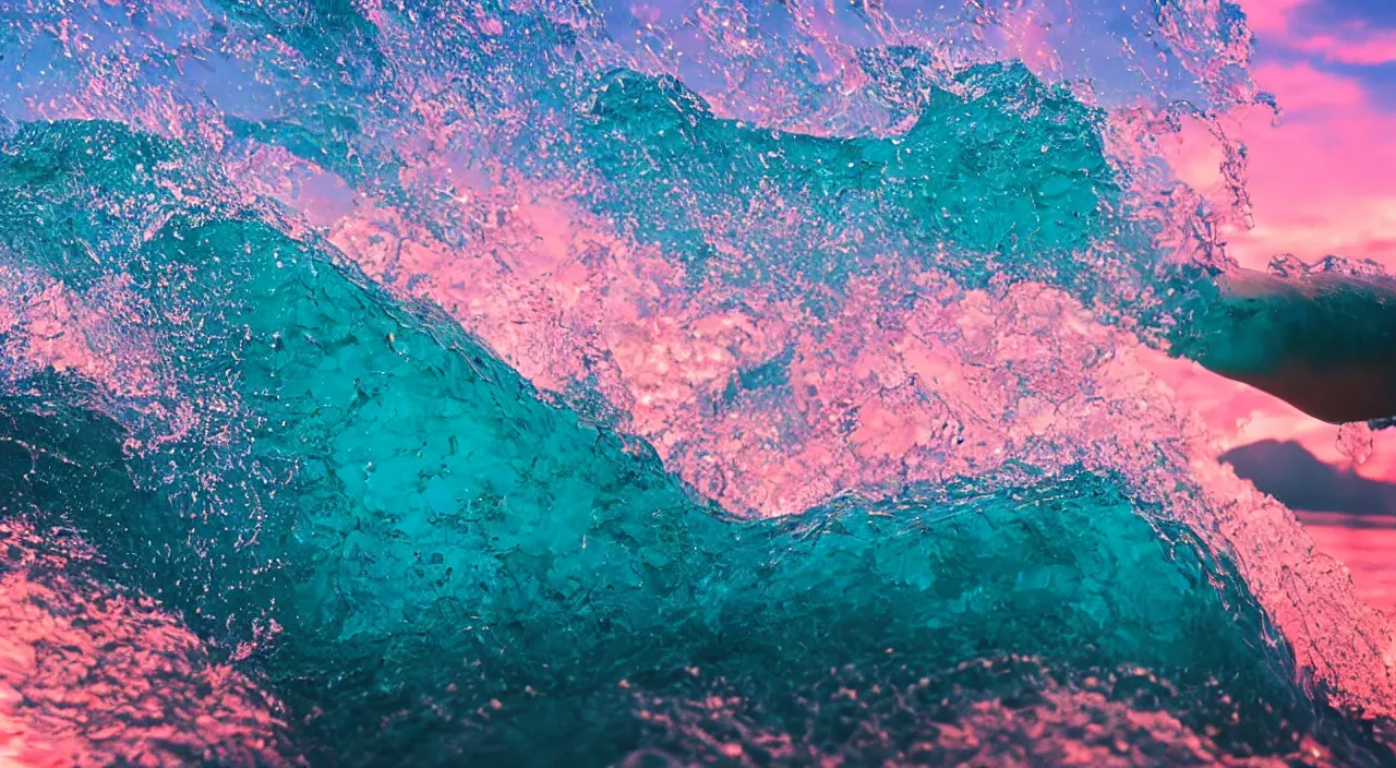 Image similar to close - up of a hand sticking out from water surface, anime landscape wallpaper, waves simulated crystal clear waves, ocean cliff side, pink, blue, and orange clouds