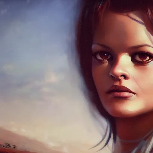 Image similar to closeup portrait of a young claudia cardinale, dramatic light, gorgeous view, depth, high detail, digital art, painted by greg rutkowski and seb mckinnon, by tim burton, trending on artstation