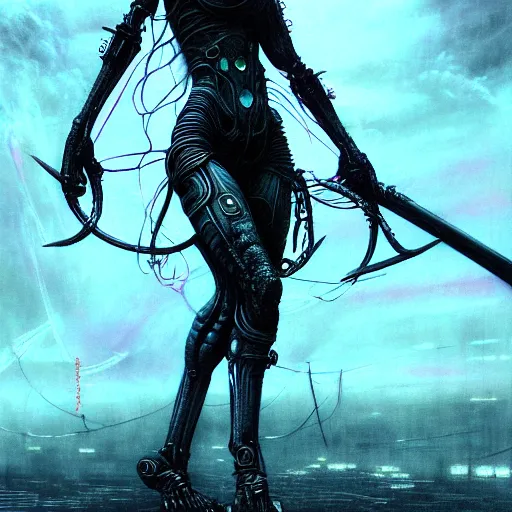 Prompt: a highly detailed long shot photo of cyberpunk female character by ayami kojima, elf, beksinski, giger, elf, wielding scythe, intricate, digital painting, artstation, concept art, smooth, sharp focus, full body