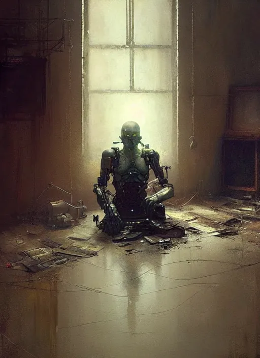 Prompt: a cyborg sitting on the floor, inside an old apartment, dystopian aesthetics, detailed oil painting, misty, ethereal, dramatic lighting, ominous, by craig mullins and ruan jia and jeremy mann