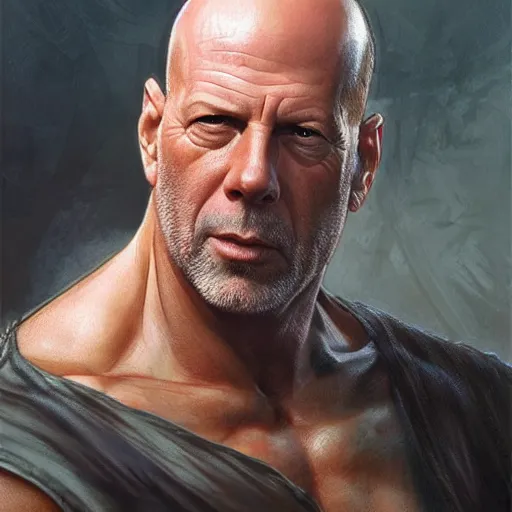 Image similar to bruce willis as sagat from street fighter, wearing an eye patch, 4 k, ultra realistic, detailed focused art by artgerm and greg rutkowski and alphonse mucha