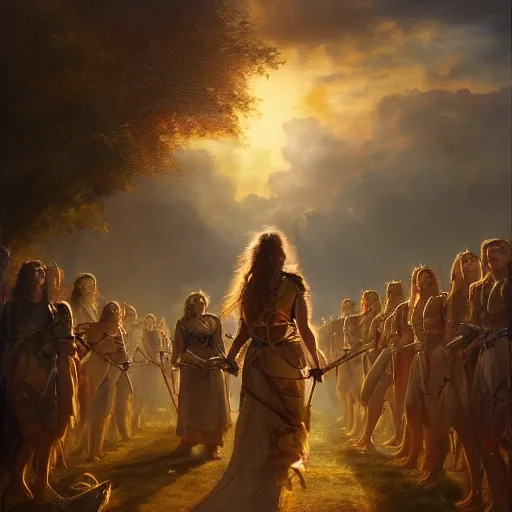 Image similar to the goddesses fraya going to war with her army, oil painting, golden hour, 8 k uhd, high detail, awe - inspiring.