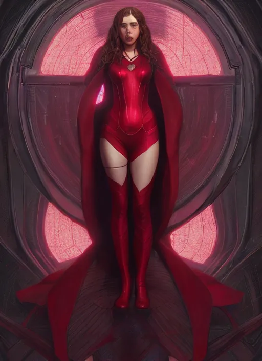 Image similar to Scarlet Witch, full body portrait, hyper detailed, digital art, trending in artstation, cinematic lighting, studio quality, smooth render, unreal engine 5 rendered, octane rendered, illustration, art by wlop and klimt and krenz cushart