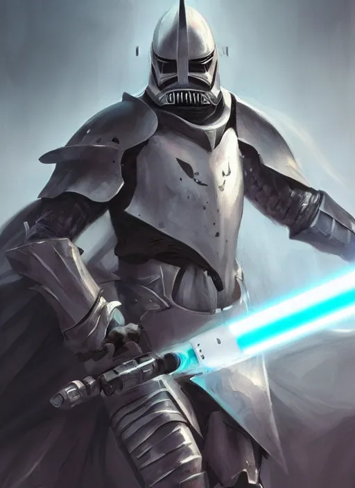 Prompt: a shark wearing knight armor and a lightsaber, fantasy, digital portrait, scifi, realistic, detailed, concept art, comics, ruan jia, wlop