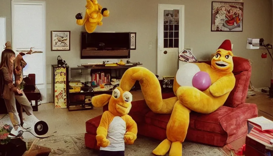 Prompt: 1990s candid 35mm photo of a beautiful day in the living room, cinematic lighting, cinematic look, golden hour, a very large, oversized magical salesman mascot creature is hanging out of the TV and aggressively trying to sell the family and kids a sports car by force, the salesman mascot creature is a very large giant, he has fancy decorations, there is an expensive sports car in the living room, car in the room, UHD