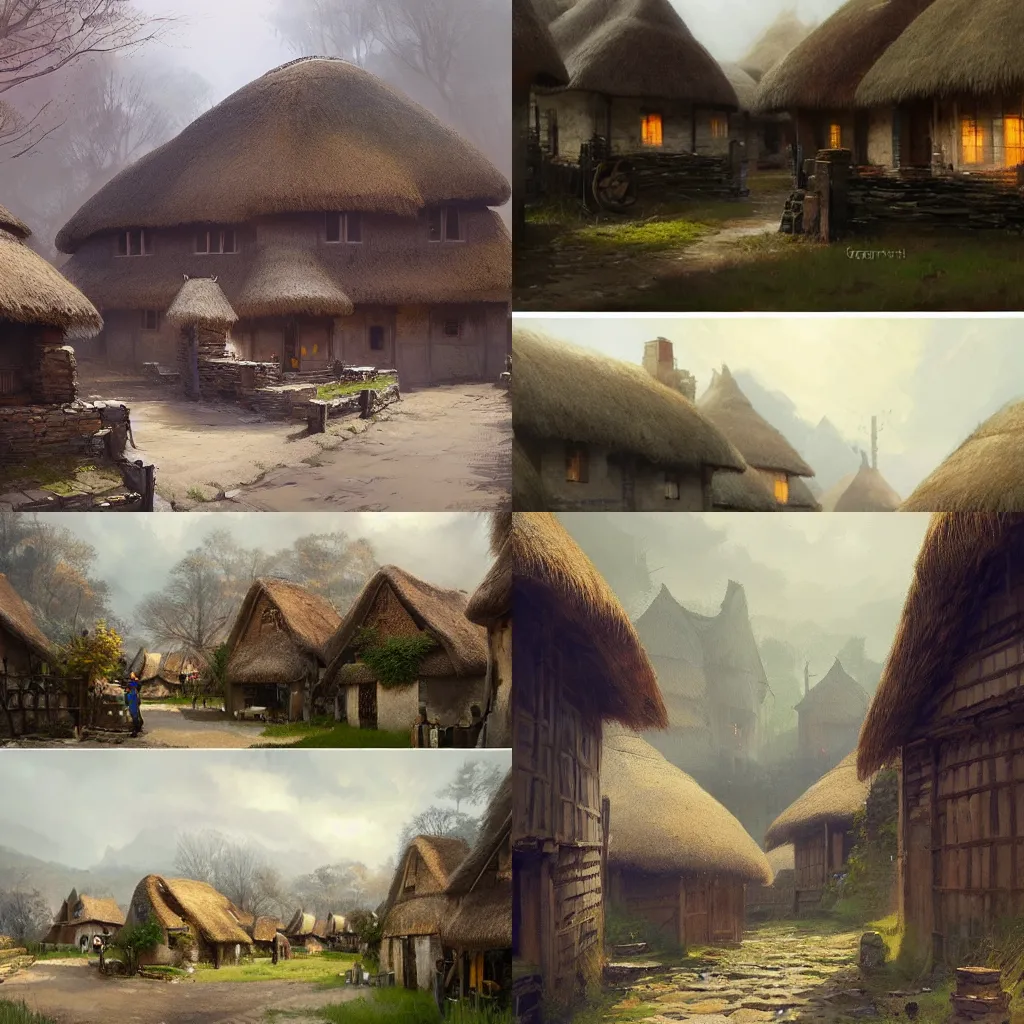 Prompt: village of ancient thatched houses by Greg Rutkowski,trending on artstation