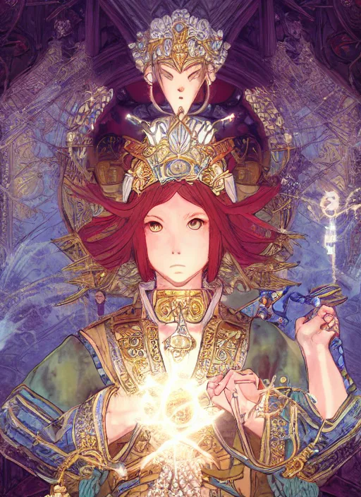 Prompt: character portrait of the pearl herald at the light temple, hidari, color page, tankoban, 4K, tone mapping, Akihiko Yoshida.