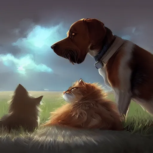 Image similar to A dog and cat stare intently towards the sky, digital art, artstation, Mandy Jurgens, CGSociety, WLOP