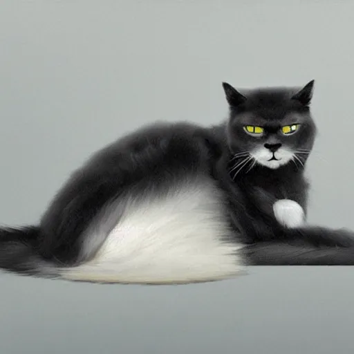 Image similar to a burly bored dark grey cat with white belly, white paws and white face markings with long fur and fluffy tail sitting, intricate, elegant, highly detailed, digital painting, artstation, concept art, matte, sharp focus, illustration, art by Artgerm and Greg Rutkowski and Alphonse Mucha