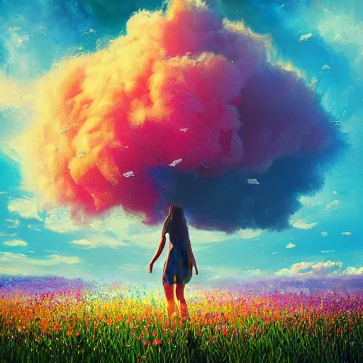 Image similar to exploding flower afro, full body, girl standing in the middle of a field with flowers, surreal photography, hills, sunrise dramatic light, impressionist painting, colorful clouds, digital painting, pointillism, artstation, simon stalenhag